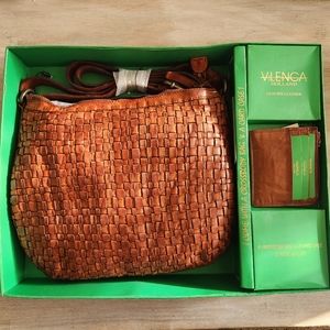 Vilenca Holland genuine leather basketweave crossbody and card case gift set